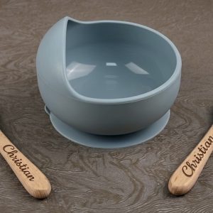 Esslernbesteck und Schüssel mit Gravur 3teiliges Set