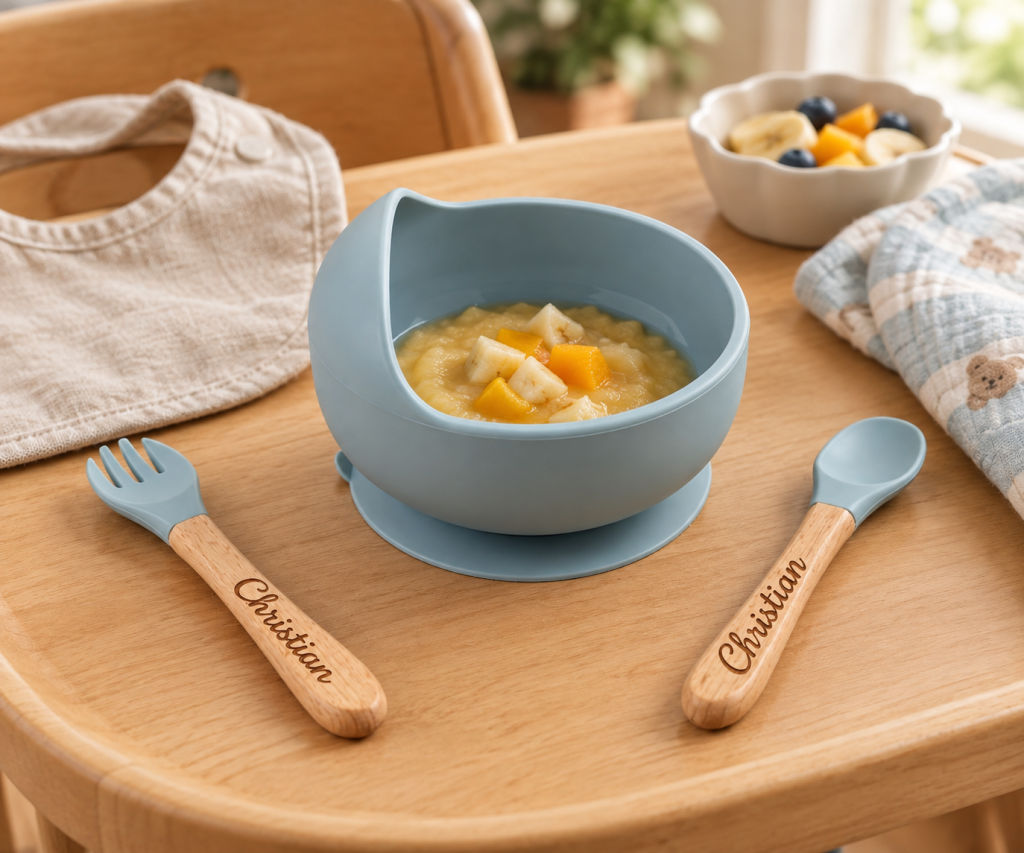 Esslernbesteck und Schüssel mit Gravur 3teiliges Set